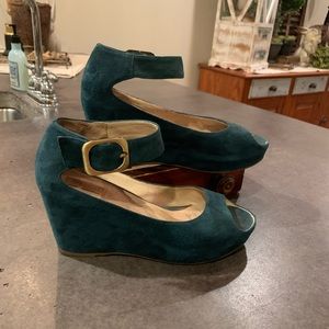 Miz Mooz Teal Leather Wedge Heels with Gold Buckle
